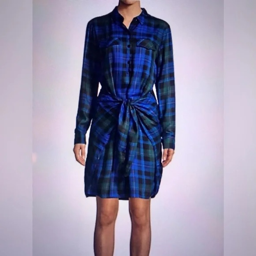 Highline Collective Tie Front Plaid Shirt Dress Blue Green Women’s Size Small